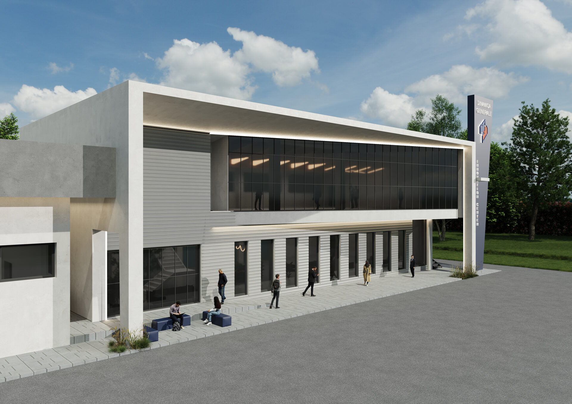 Dinamica Generale — Innovation Center, scorcio della facciata e della vetrata del primo piano
